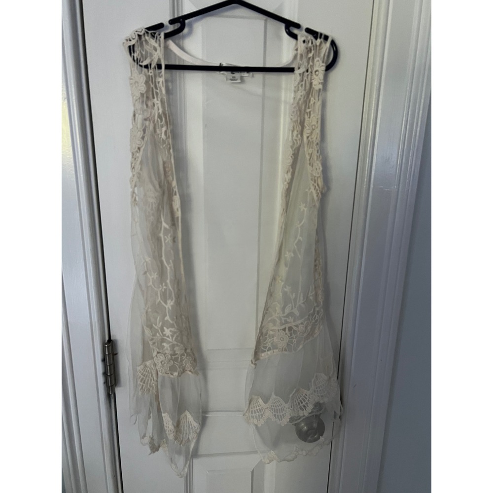 Knit Works Girls Ivory Lace Mesh Floral Embroidered Open Front Vest Size 10